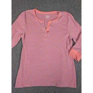LL Bean Shirt Women's Medium Pink Striped V-Neck 3/4 Sleeve Pullover Cotton